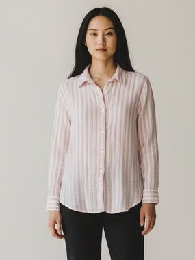 LOLA RIVER Striped Button-Front Cotton Gauze Shirt - Pink/White. M. Soft girl